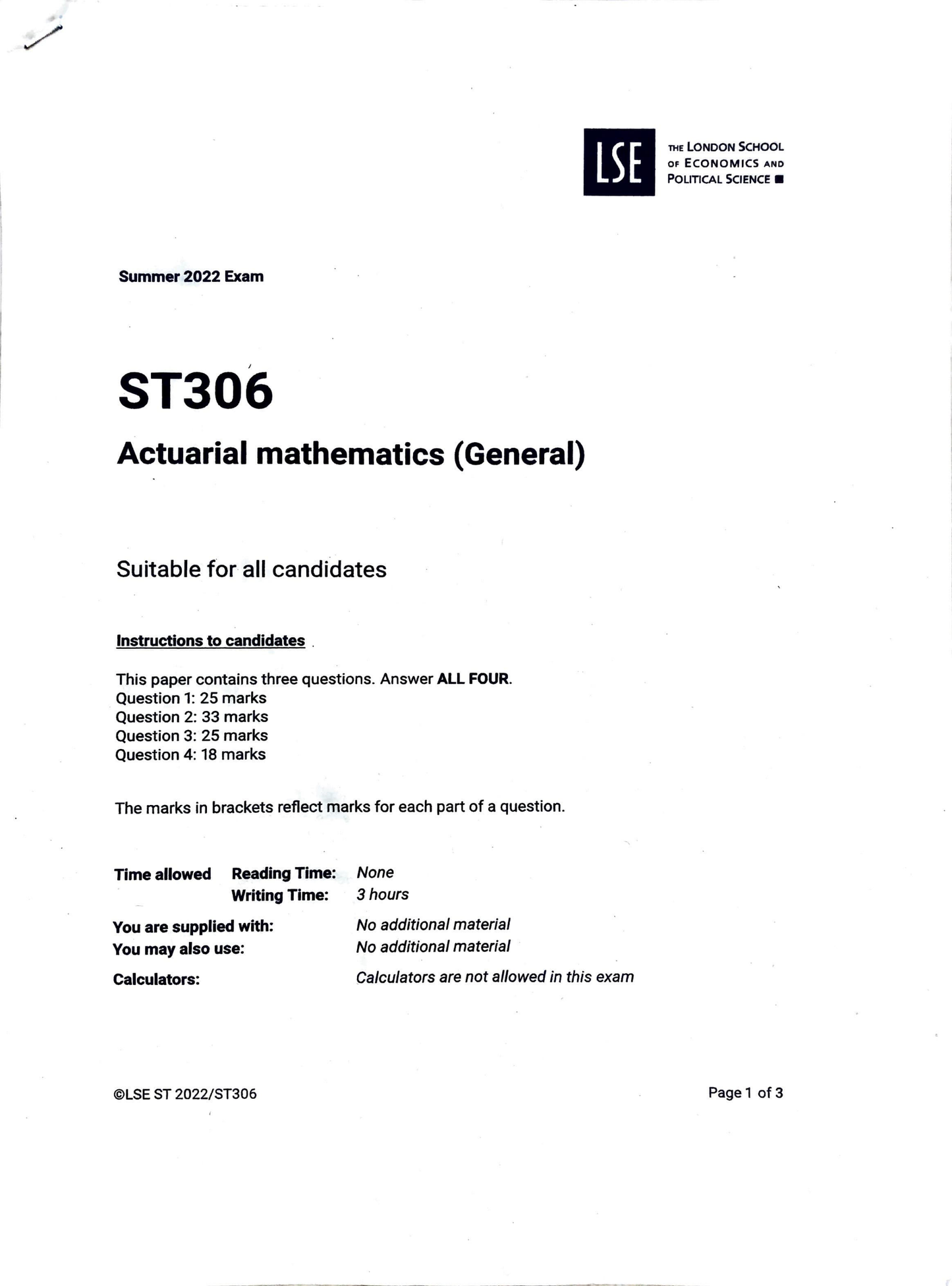 LSE Past Paper ST306 (2022) Pg1