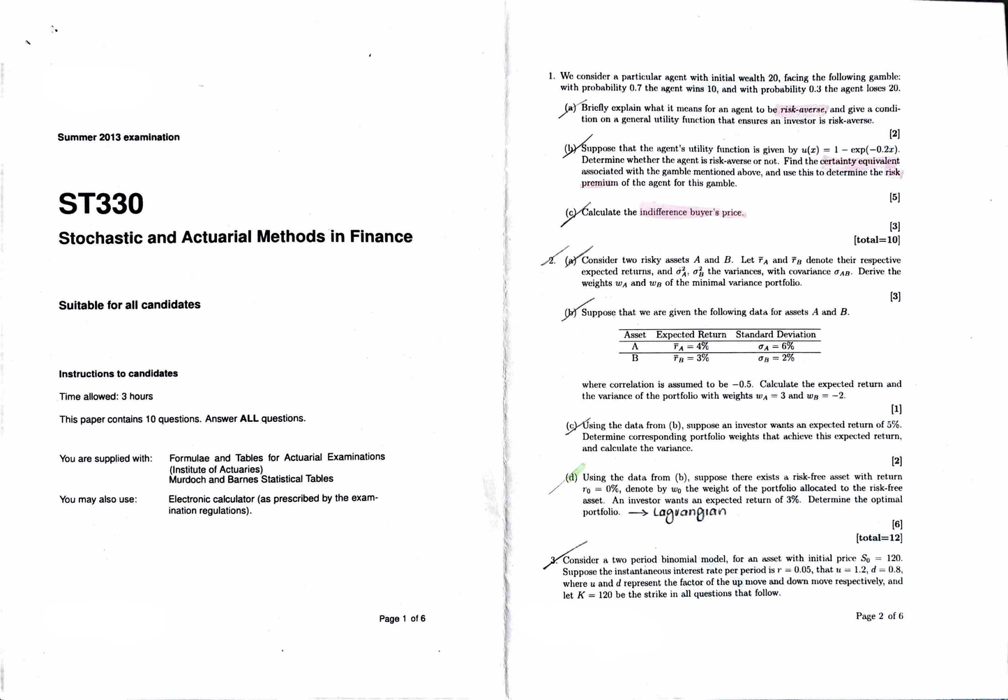 LSE Past Paper ST330 (LT 2013) Pg 1