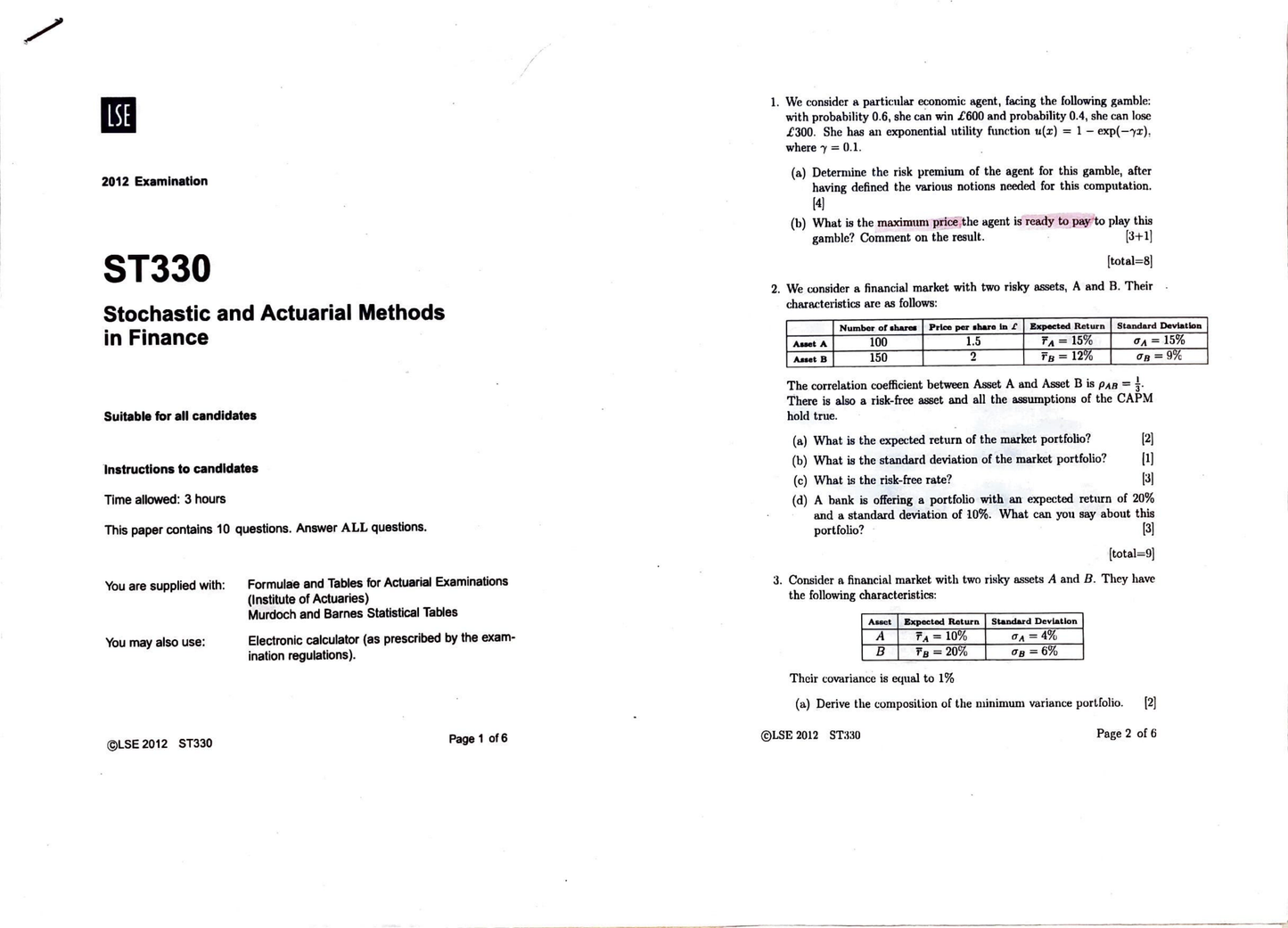 LSE Past Paper Solution ST330 (2012) Pg1