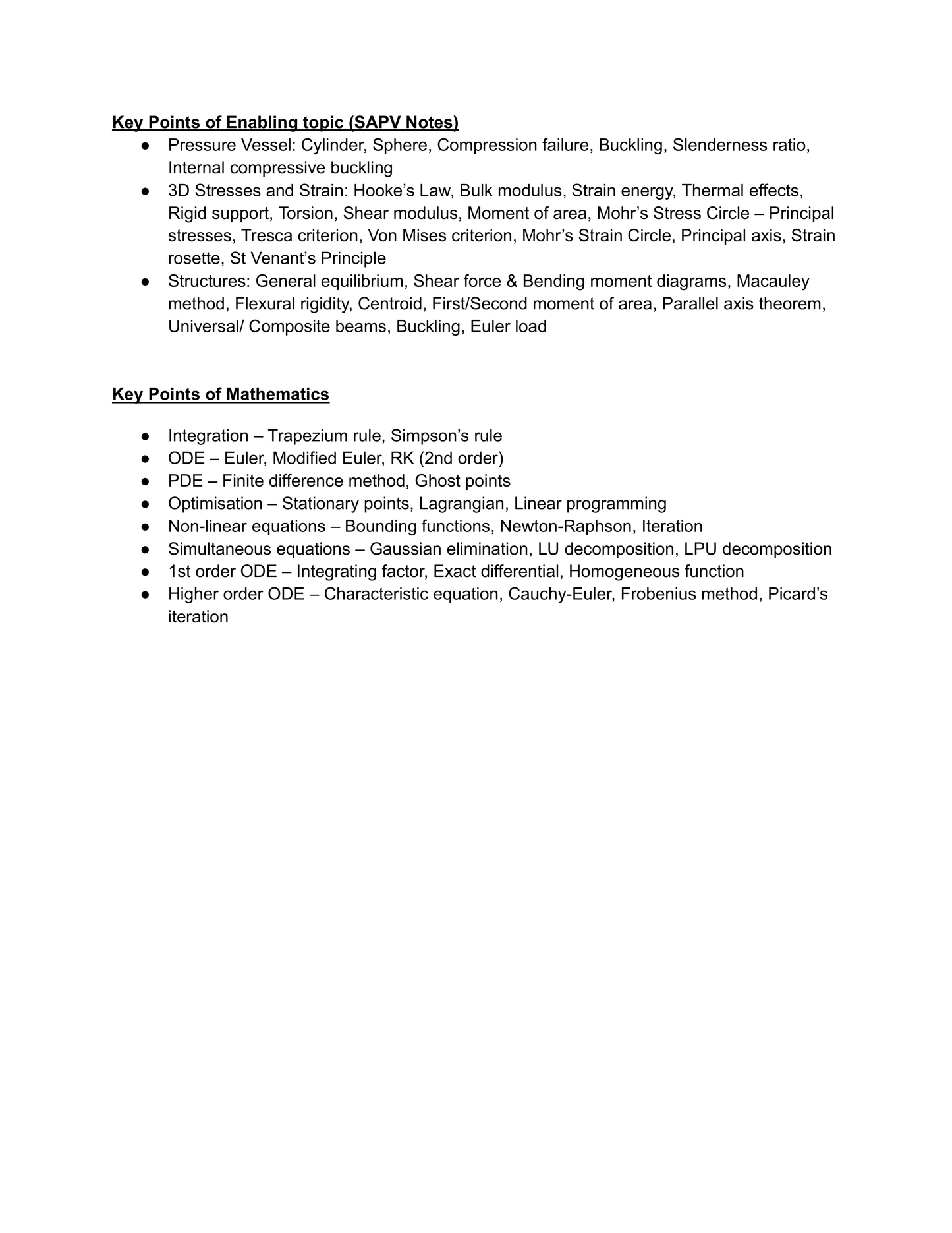 Cambridge Notes for Part I Chemical Engineering Tripos Enabling Topics Notes