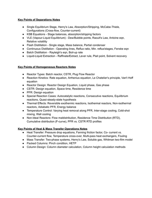 Cambridge Notes for Part I Chemical Engineering Tripos Process Operations Notes