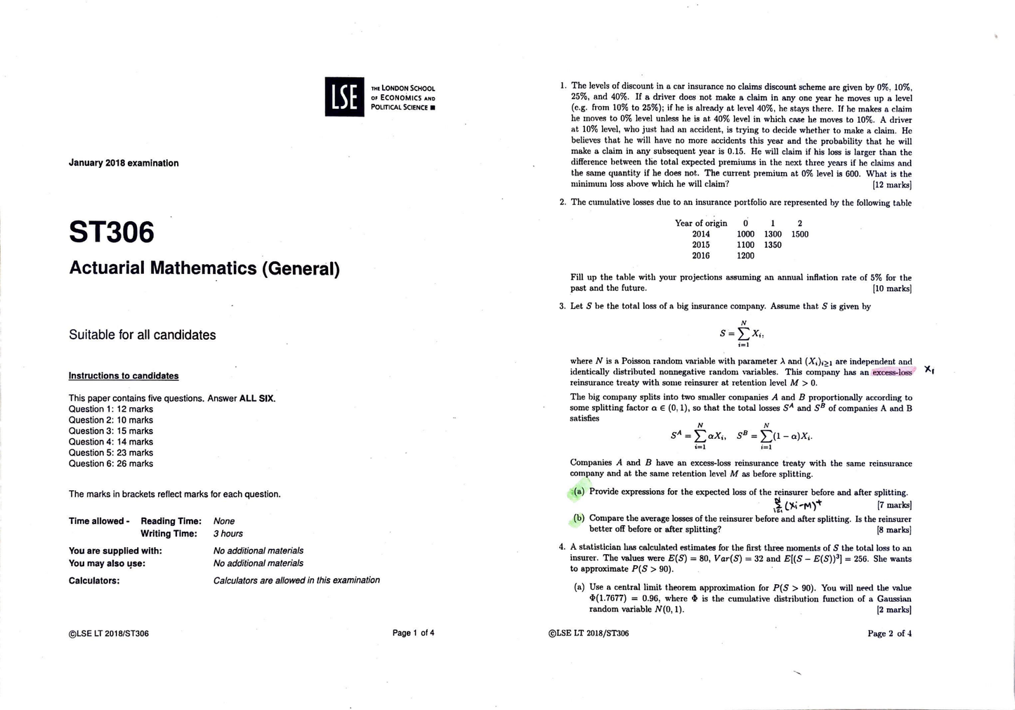 LSE Past Paper ST306 (2018) Pg1