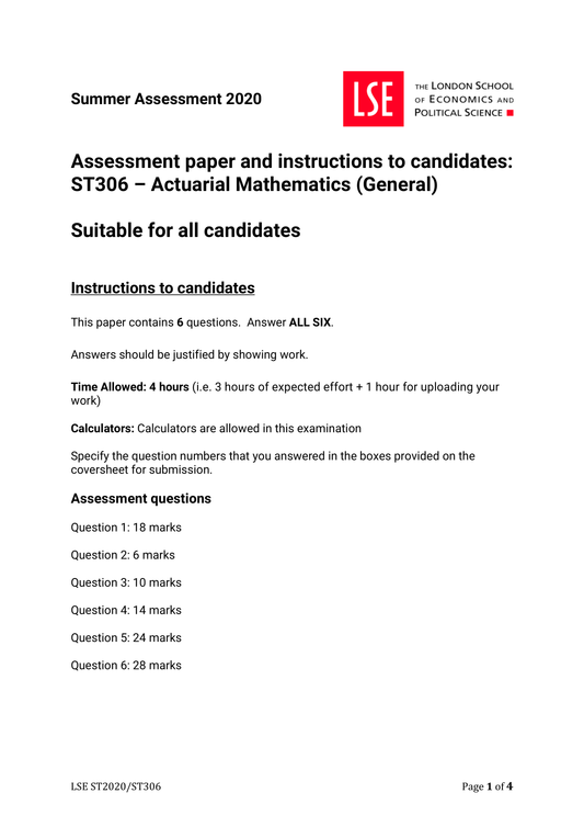 LSE Past Paper ST306 (2020) Pg1