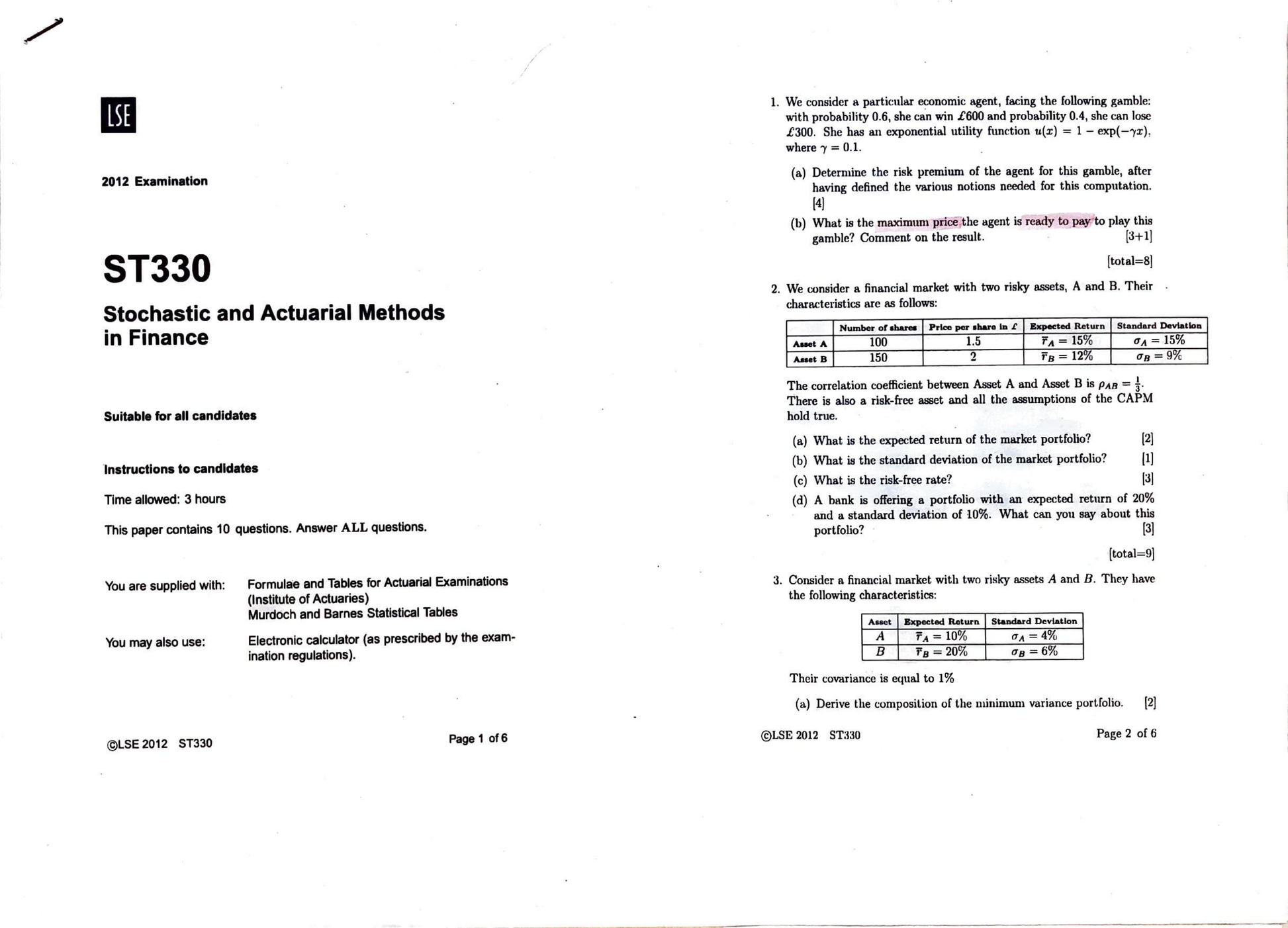 LSE Past Paper Solution ST330 (2012) Pg1